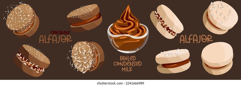 A set of illustrations of the traditional Argentine dessert Alfagor ordinary, chocolate with boiled condensed milk. Latin American food. Suitable for printing on textiles and paper.