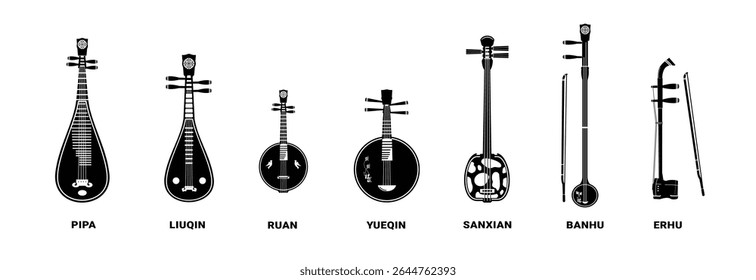 Conjunto de ilustrações de instrumentos tradicionais asiáticos de cordas, silhuetas de instrumentos de cordas, adequado para lojas de música e comunidades