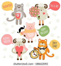 Set of illustrations with traditional greetings. Sheep, cat and pig.