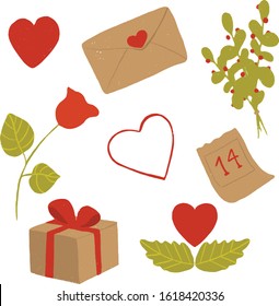 A set of illustrations of traditional objects for the feast of February 14. Valentine's Day