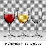 Set of illustrations, transparent vector wine glasses empty, with white and red wine, isolated. Print, template, design element