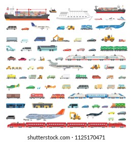 A set of illustrations of transport in a flat design. Cars, buses, tractors, trains, planes and ships. All types of transport for travel and delivery of goods.
