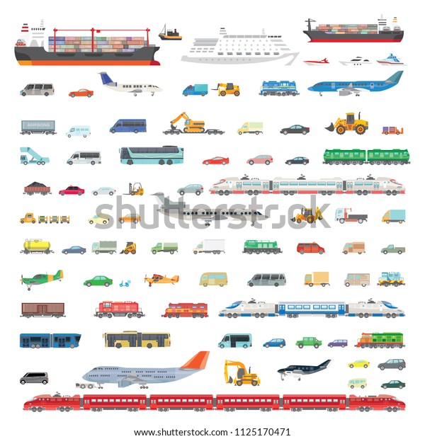 フラットなデザインの輸送のイラストのセット 車 バス トラクター 列車 飛行機 船 旅行や商品の配達に関するあらゆる種類の輸送手段 のベクター画像素材 ロイヤリティフリー