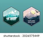 Set of illustrations with travel in the mountains. Silhouette of a tourist with a backpack. Explore mountains. Hexagon frame. Stripe