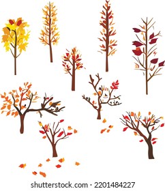 set of illustrations of trees, autumn trees, leaf fall
