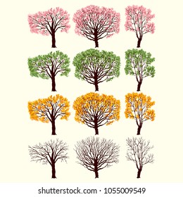 Set Illustrations Trees Four Seasons Freehand Stock Vector (Royalty ...