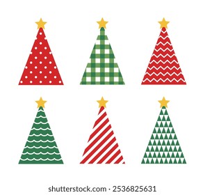 A set of illustrations of trees or party hats with various patterns and triangle shapes with a Christmas concept. The patterns include check patterns, dots, stripes, waves, and zigzags.