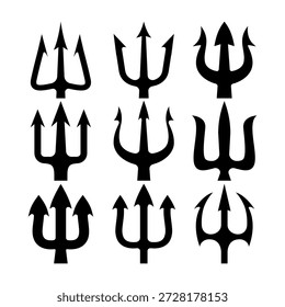 Conjunto de ilustraciones de tridente. Tridente de Neptuno. Elemento de diseño para logotipo, etiqueta, signo, emblema, cartel. Ilustración vectorial