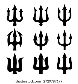 Set of illustrations of trident. Neptune trident. Design element for logo, label, sign, emblem, poster. Vector illustration