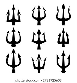 Conjunto de ilustraciones de tridente. Tridente de Neptuno. Elemento de diseño para logotipo, etiqueta, signo, emblema, cartel. Ilustración vectorial