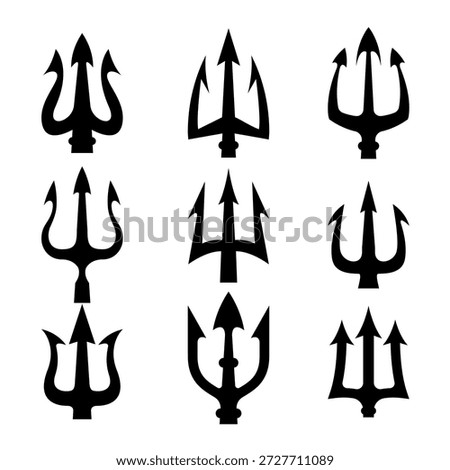 Set of illustrations of trident. Neptune trident. Design element for logo, label, sign, emblem, poster. Vector illustration