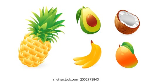 Set of illustrations of tropical fruits, pineapple, avocado, coconut, mango, banana, in realistic 3D style.