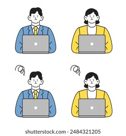 Set of illustrations of two facial expressions, positive and negative, of a male and female businessperson using a laptop computer.