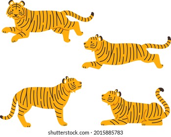 A Set Of Illustrations Of Two Pairs Of Running Tigers And Sitting Tigers