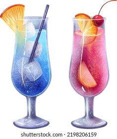 Illustrationen zweier erfrischender Cocktails, blauer Curacao, blau mit Eis und Orange und Rosa, mit Grenadine, Obstschnitzeln und Kirschen, süß lecker, Alkohol