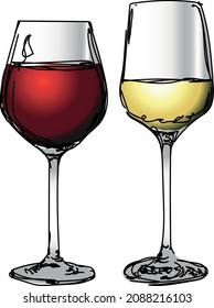 set of illustrations with two wine glasses. a glass of white wine and a glass of red wine