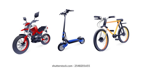 Conjunto de ilustraciones de transporte de dos ruedas, motocicleta, scooter eléctrico, bicicleta, realista en estilo 3D.