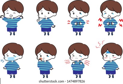 Set of illustrations of unwell boy