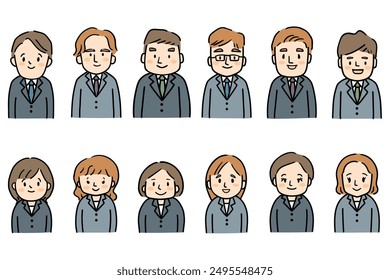 Eine Reihe von Illustrationen des Oberkörpers von 12 Männern und Frauen tragen Anzüge.
