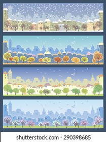  Set of illustrations with urban landscape. Different times of the year. Fall, winter, spring and summer.