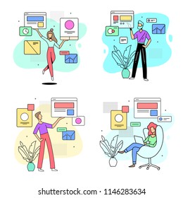 set of illustrations of the user interface and analytical graphs