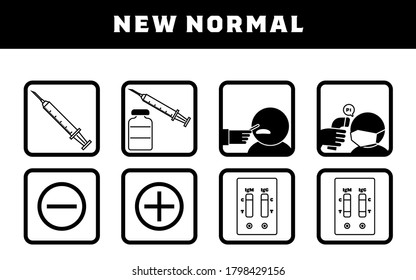 Set illustrations for vaccination, PCR test, antibody test, etc.
