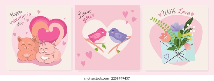 Set of illustrations for valentine s day, illustraton of kissing birds, cute cats, bunch of flowers in envelope, vector illustration in flat style
