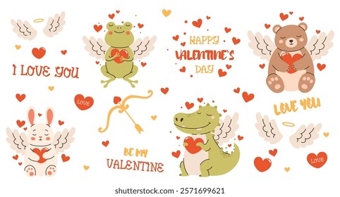 Set of illustrations for Valentine's Day. Animal cupids with hearts. Crocodile, bear, frog, hare. Flat vector illustration.