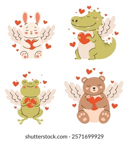 Set of illustrations for Valentine's Day. Animal cupids. Crocodile, bear, frog, hare. Flat vector illustration.