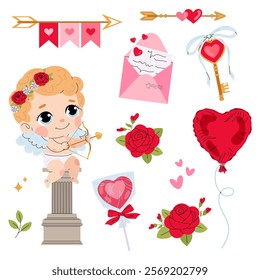 Set of illustrations for Valentine's Day. Cupid, letter, key, heart, rose, arrow, lollipop in flat style.