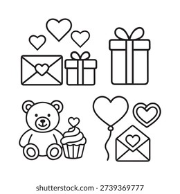 Set of illustrations for Valentine's Day cute bear cupcake heartshaped balloons