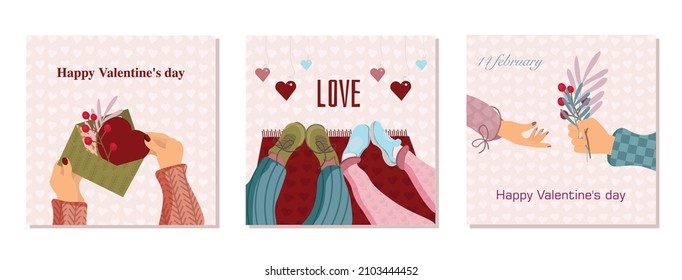 A set of illustrations for Valentine's Day. Love motives. An envelope with a heart, lovers' feet, hands with a bouquet, a background in the heart.