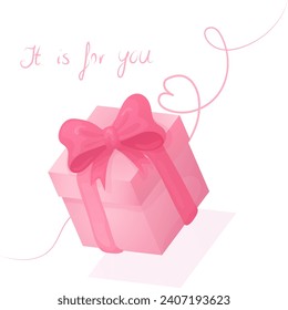 Set of illustrations for Valentine's Day, March 8, or a birthday. Pink flat box in different configurations: with hearts, closed, opened , held by hands, with a cat. 