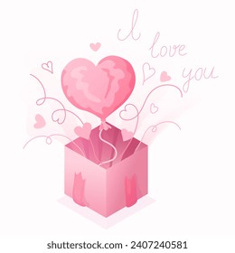 a set of illustrations for Valentine's Day, March 8, or a birthday. Pink flat box in different configurations: with hearts, closed , opened, held by hands, with a cat. 