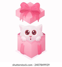 Set of illustrations for Valentine's Day, March 8, or a birthday. Pink flat box in different configurations: with hearts, closed, opened , held by hands, with a cat. 