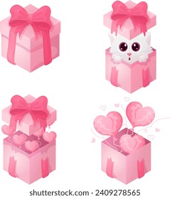 Set of illustrations for Valentine's Day, March 8, or a birthday. Pink flat box in different configurations: with hearts, closed, opened , held by hands, with a cat.