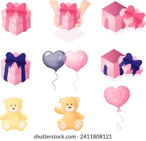 Set of illustrations for Valentine's Day, March 8, or a birthday. Pink flat box in different configurations: with hearts, closed, opened , held by hands, with a cat.