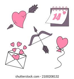 Set of illustrations for valentine's day. Tear-off calendar, heart pierced by an arrow, an envelope with hearts, a heart-shaped balloon, a bow and an arrow.