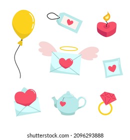 Set of illustrations Valentine's Day. Vector images of balloon, candle heart, label, love letter, teapot, diamond ring.
