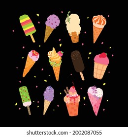 Set of illustrations of a variety of ice cream. Cute drawings of ice cream. Summer desserts. Trendy isolated elements on a black background.