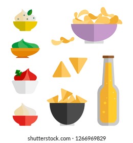 Set of illustrations of various appetizer sauces and beer. Flat style.