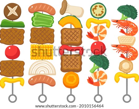 A set of illustrations of various barbecue food on skewers