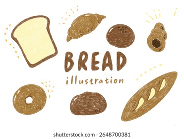 A set of illustrations of various breads in a crayon style