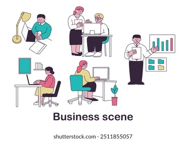 Conjunto de ilustrações de várias cenas de negócios