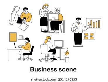 Set of illustrations of various business scenes