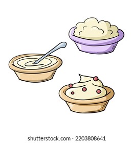 A set of illustrations, various ceramic deep plates with porridge, thick sour cream, with a spoon, vector illustration in cartoon style on a white background