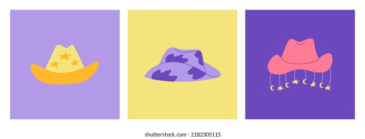 Set of illustrations with various colorful cowboy hats. Vector flat illustration with cowgirl hats with stars and cow print