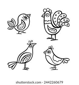 Set of illustrations of various cute birds outline, vector