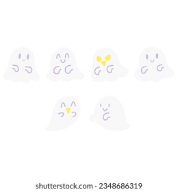 Set of illustrations of various cute deformed ghosts