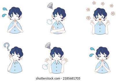 Set of illustrations of various expressions of a boy in a suit shirt